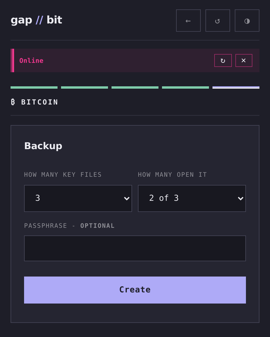 Backup screen: a vault file plus three key files created 2-of-3, each with QR and download: any 2 of 3 open the wallet, 1 reveals nothing