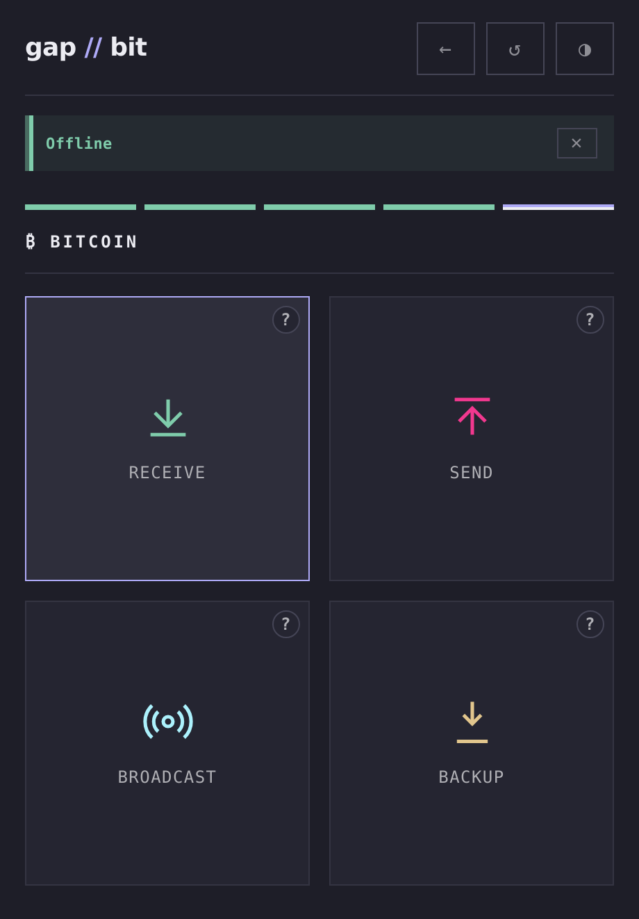 Air-gapped signing screen: OFFLINE - SAFE TO CREATE AND SIGN banner and the four-step online/offline workflow
