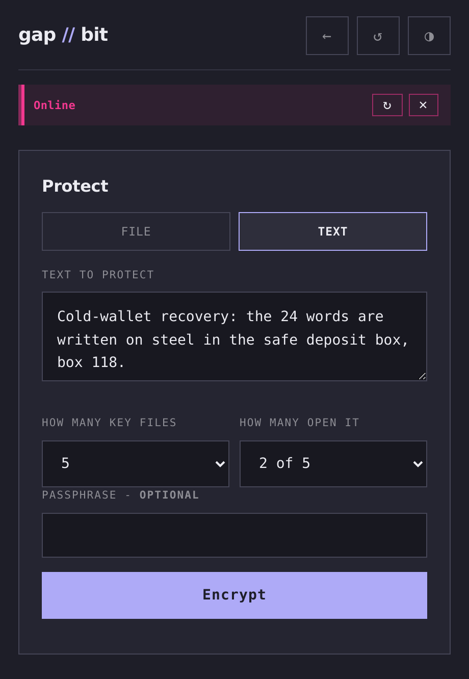 Files & secrets vault: encrypting a private note whose key will be split into key files