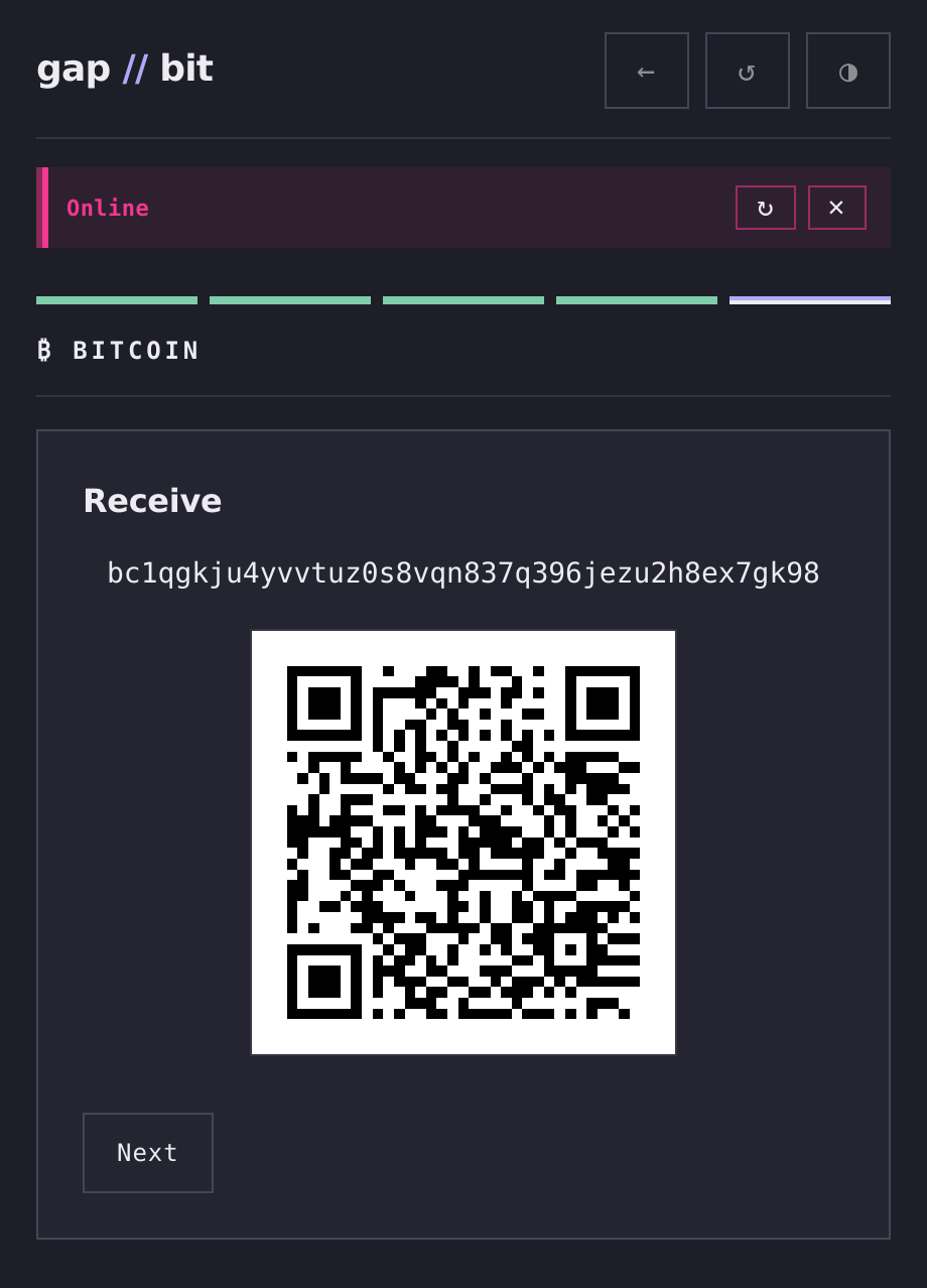 gapbit Bitcoin wallet showing a native segwit receive address, its BIP-84 derivation path and QR code